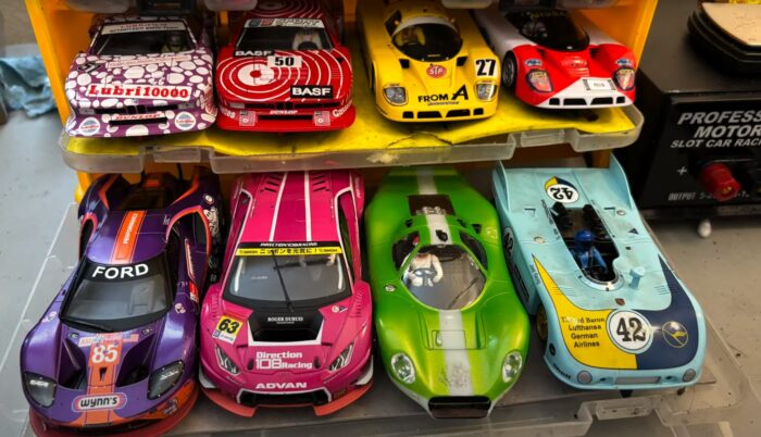 slot cars in a storage box